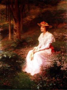 Elegant dame sidder i skove af James R. Lee