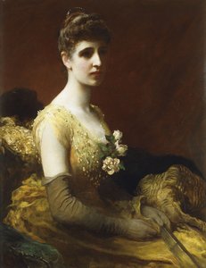 Portræt af Lady Dixon af Rheda, trekvart længde, siddende iført en gul kjole med blomster, der holder en vifte, af James Sant