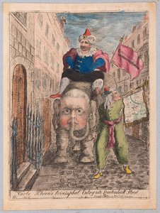 Carlo Khans triumfale indtog i Leadenhall Street, pub. 1783 (håndkoloreret gravering)