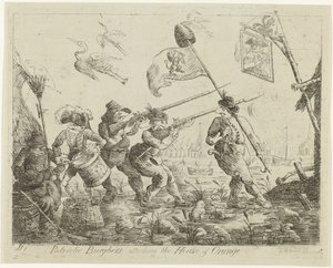 Spotprent op Goejanverwellesluis, 1787 Patriotiske borgere angriber House of Orange (titel på objekt)