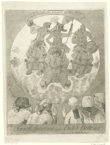 Spotprent op de Franse invasie, 1795 Fransk invasion på hollandsk bund. Ombres Chinoises / Terror the Order of the Day (titel på objekt)