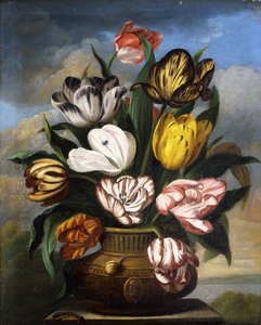Tulipaner i en vase, med en larve, en snegl og en flue, på en sokkel i et landskab, 1826