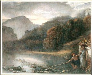 Landskab med et tempel og pastorale figurer (akvarel på papir) af James Smetham