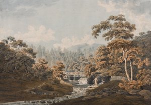 Peeblesshire: Habbies How, Peggys Pool og Carlops Hill (blæk & wc på papir) af James Stevenson