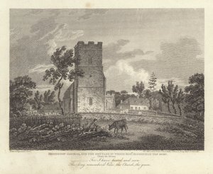 Robert Bloomfield, digter: Honington Church, and the Cottage, hvori Robert Bloomfield blev født (gravering) af James Storer