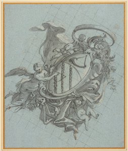 Et våbenskjold med et horn og tre kæder holdt oppe af en engel og to putti af James Thornhill