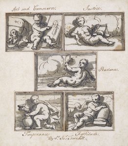 Kunst og Handel; Retfærdighed; Forsigtighed; Afholdenhed; og styrke, af James Thornhill