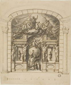 Design til scenesceneri (Hampton Court) med mytologiske figurer af James Thornhill
