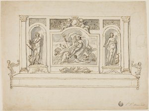 Neptun og Amphitrite flankeret af Jupiter og Juno: Design til malet hal- eller havebænk af James Thornhill