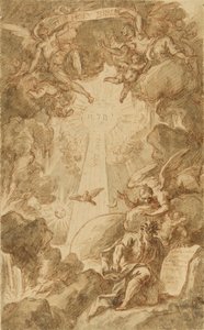 Forberedende tegning til C. du Boscs gravering til Chapel Bible of the Royal Marine College. Arbejde (43x26,6 cm) af James Thornhill (1675-1734), begyndelsen af det 18. århundrede. af James Thornhill