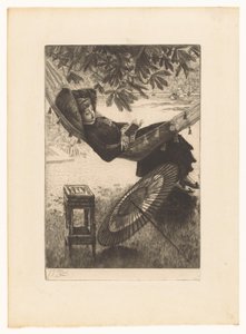 Ung kvinde læser i en hængekøje af James Tissot