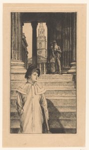 Ung kvinde går ned ad trapperne i National Gallery i London af James Tissot