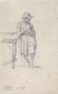En dreng læner sig op ad et bord af James Ward