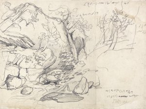 Studie af et bjerg med træer (sort kridt på papir) af James Ward