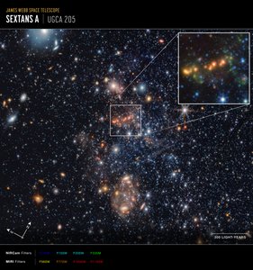 Sextans A – udtræk af polycykliske aromatiske kulbrinter (Compass-billede) af James Webb Space Telescope (NASA)