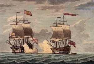 "Kommandør Anson i Centurion med en besætning på 227, hvoraf 30 var drenge, angreb den 20. juni 1743 omkring klokken to om eftermiddagen og tvang på mindre end en halv time det rige Acupulco-skib Nuestra Senora de Capodongo til at slå til og overgive sig. af James and Laurie Robert (1755 1836) Whittle
