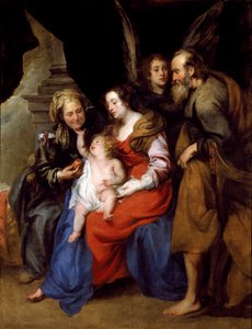 Portræt af den hellige familie med St Anne, Marias mor og en engel (olie på lærred af Jan Roos