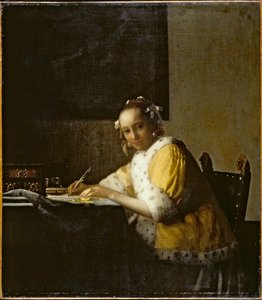 En dame skriver ... (olie på lærred) af Jan (1632-75) Vermeer