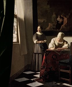 Dame skriver et brev med sin stuepige, ca. 1670 (olie på lærred)