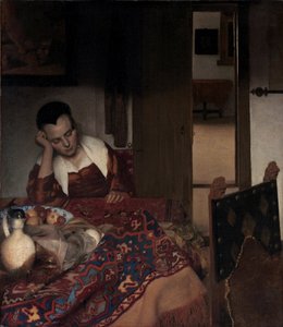 A Sleeping Girl - Maleri af Johannes Vermeer (Vermeer de Delft) (1632-1675), olie på lærred