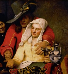 En mand rækker en mønt frem til en kvinde, der rører ved hendes bryst, detalje fra The Procuress