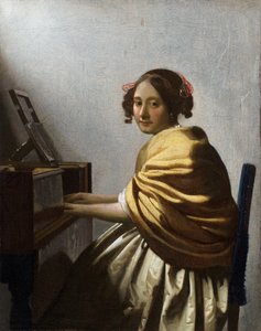 ""Ung kvinde sidder ved en jomfru"" (En ung kvinde sidder ved en jomfru) Maleri af Jan Vermeer (Johannes) (1632-1675) ca. 1670 Dim 25,1x20 cm Privat samling