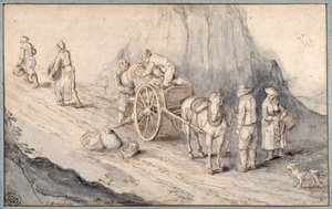 Bønder læsser en en-hests vogn med rodfrugter (pen & blæk med vask på papir)