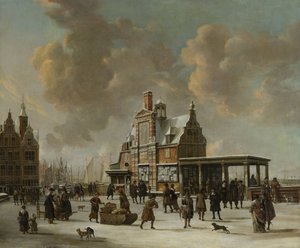 Paalhuis og Nieuwe Brug, Amsterdam, om vinteren af Jan Abrahamsz. Beerstraten