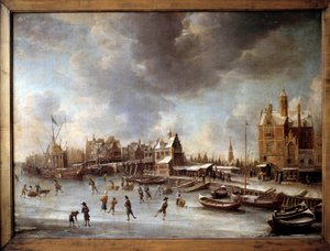 Vinterlandskab. Skatere på en frossen sø. Maleri af Burstaten (1622-1666) 1600-tallet. Berlin, Statsmuseet