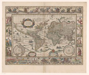 Wereldkaart met dekorativt randen Et nyt geografisk og hydrografisk kort over hele verden af Jan Aertse van den Ende