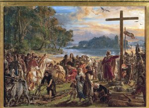 La chhristiannisation de la Pologne, 966 - The Christianization of Poland, 966. Fra serien History of Civilization in Poland, af Matejko, Jan Alojzy (1838-1893). Olie på træ af Jan Alojzy Matejko