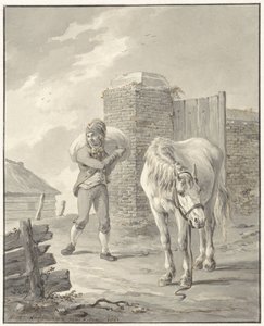 Mand med taske på skulderen med barrygget hest