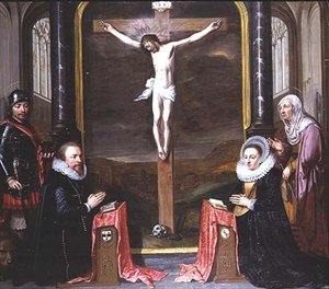 En korsfæstelse med portrætter af donorerne Adriaen Meusyenbroeck og hans hustru, Anna Elant, overværet af St. Adrian og St. Elizabeth af Jan Anthonisz. van Ravesteyn