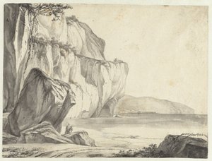 Kystudsigt med klipper, der rejser sig op af vandet af Jan Asselijn (attributed to)