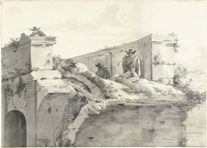 Udsigt over kanten af Ponte Rotto i Rom af Jan Asselijn (copy after)