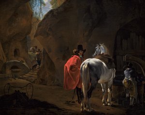 En herre med en grå hest i et huleagtigt landskab af Jan Asselijn
