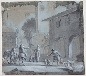 Byscene med en åben port, figurer og dyr