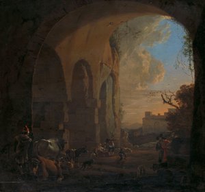 Drovere med kvæg under en bue af Colosseum i Rom