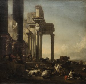 Et italiensk landskab med bønder, kvæg og får ved klassiske ruiner, ca.1650