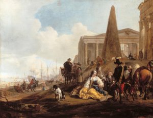 Middelhavshavnescene med figurer, der hviler foran gamle ruiner af Jan Baptist Weenix