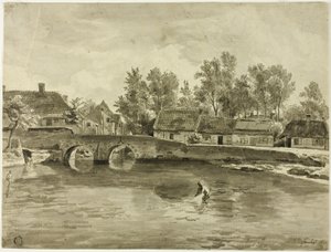 Mand fisker i floden nær landsbyen af Jan Baptiste de Jonghe