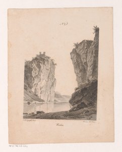 Rotsen langs het vand Rocks (titel på objekt) Principper for landskaber tegnet fra naturen og udført på sten (serietitel) af Jan Baptiste de Jonghe