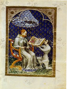Jean de Vaudetar overrækker sin gave af en bog til Charles V af Frankrig. Fra Jean de Vaudetars bibelhistorie, 1372 af Jan Bondol