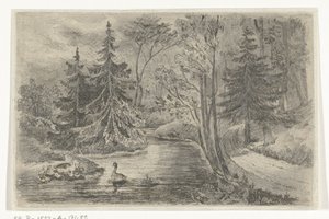 Skovsti ved en dam med ænder af Jan Bos Wz.