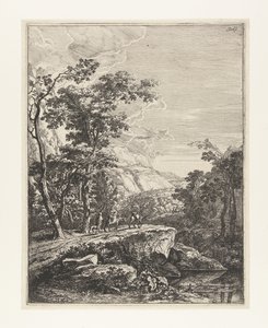Landskab med en kvinde, der rider på et muldyr langs Aqua Negro mellem Bologna og Firenze Italienske landskaber (serietitel) af Jan Both