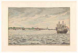 Byen Colombo i Ceylon set fra nord i år 1785 fra vejene med dens nedrevne kirke og tårn, som var ved at blive genopbygget. (titel på objekt) af Jan Brandes (signed by artist)