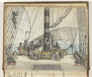 Dæksbillede af et VOC-skib til stormasten af Jan Brandes