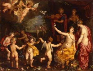 Allegori om kærlighed: Venus holder et par tøjrede duer, med Ceres, Apollo og Diana, omgivet af dansende putti, i et landskab