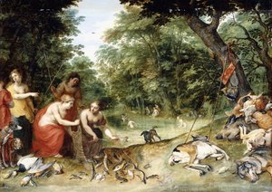 En allegori over elementerne, jord, luft og vand: Nymfer, der bader i en skovklædt glede med jagtens trofæer i nærheden, ca. 1621