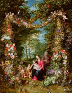 Jomfruen og barnet med spædbarnet Sankt Johannes Døberen, Sankt Anne og engle, omgivet af en krans af blomster og frugt